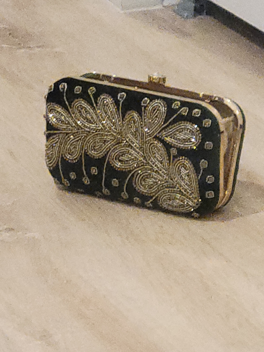 Embroidered Green Suede Evening Box Clutch with Gold Beadwork